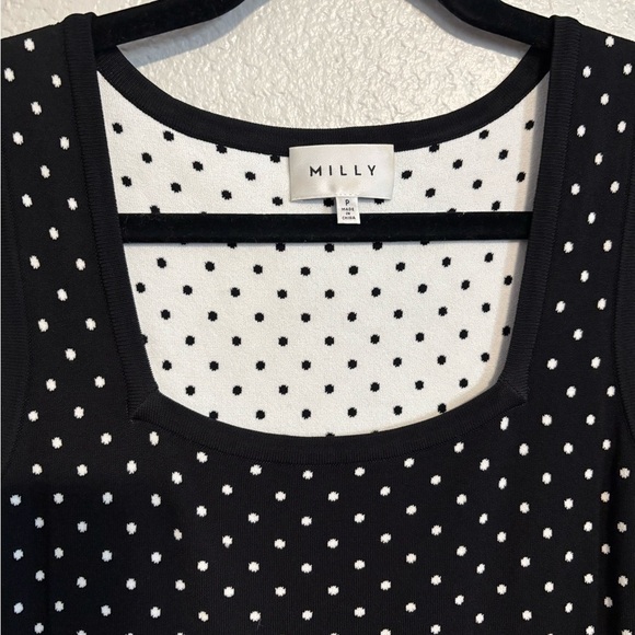 MILLY Women's Micro Dot Fitted Dress, black and white polka-dot. Midi size 6 P - Picture 5 of 7